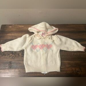 Vtg Izod Girls Sm/6 Month Full Zip Back Hoodie Pink Argyle Heart Sweater 80s